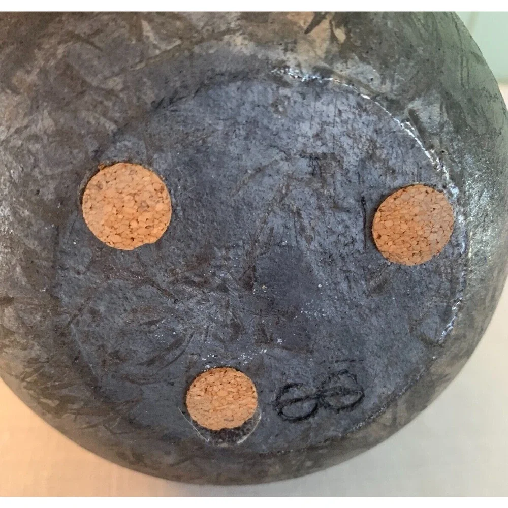 Raku Ceramic Pottery Vase, Dark Blue Gray Reds Signed by Artist.